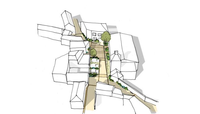 Axonométrie de la place de l’Église à Denée, projet d’aménagement.