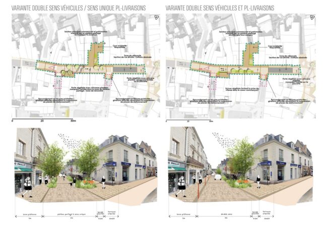 Deux variantes d’aménagement de la rue principale à Baugé-en-Anjou.