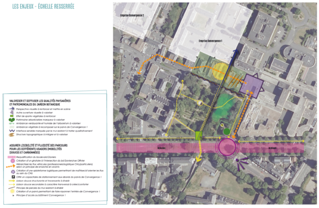 Carte des enjeux patrimoniaux et paysagers du CHU d’Angers.