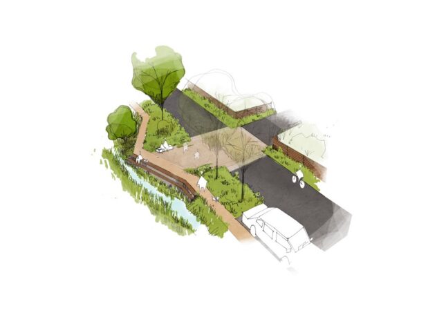 La Pouëze – axonométrie du croisement des venelles du nouveau quartier.