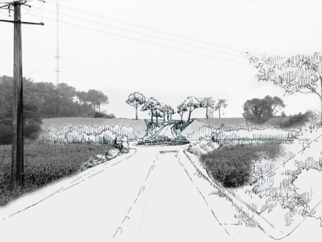 Grand-Champ – graphimontage du projet de contournement routier dans le paysage.