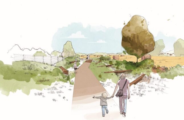 La Pouëze – perspective de la noue paysagère du nouveau quartier.