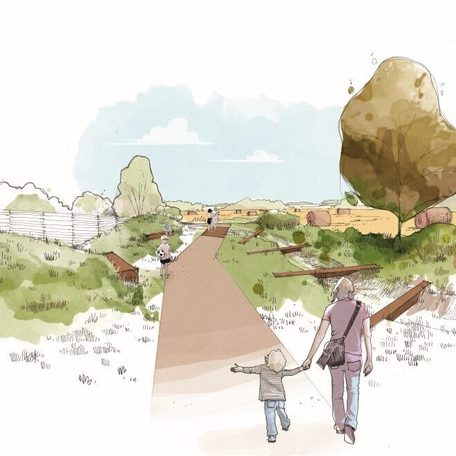 La Pouëze – perspective de la noue paysagère du nouveau quartier.