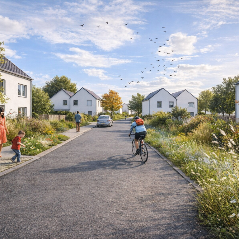 Feneu – vue sur la rue principale du nouveau quartier.