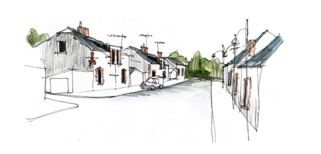 La Pouëze – coupe du quartier ouvert sur le paysage.